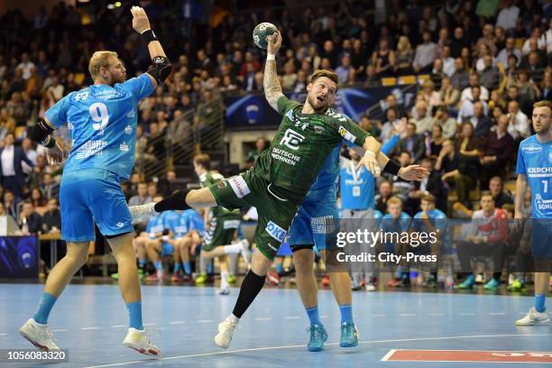 Manuel Spaeth of TVB 1898 Stuttgart and Johan Koch of Fuechse Berlin during the game between Fuechse Berlin and the TVB 1898 Stuttgart at the...