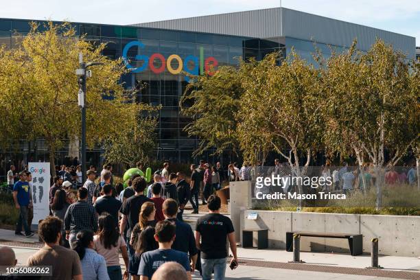 Google employees walk off the job to protest the company's handling of sexual misconduct claims, on November 1 in Mountain View, California....