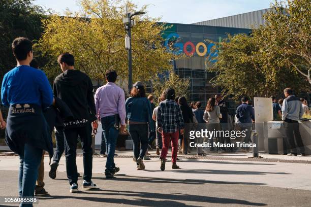 Google employees walk off the job to protest the company's handling of sexual misconduct claims, on November 1 in Mountain View, California....