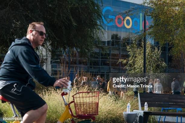 Google employees walk off the job to protest the company's handling of sexual misconduct claims on November 1 in Mountain View, California. Employees...