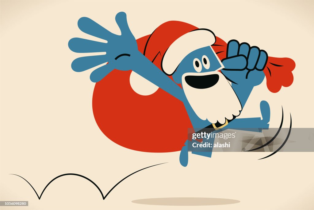 藍色的人與聖誕老人帽子和鬍子和袋子袋跳躍和運行愉快