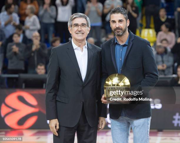 Jordi Bertomeu, President and CEO of Euroleague Basketball gives the Award commemorating Juan Carlos Navarro outstanding career prior the 2018/2019...