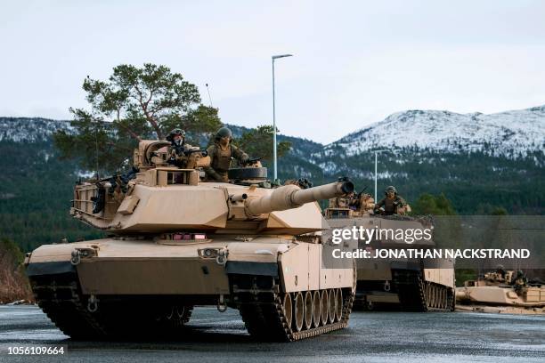 Marines drive an M1 Abrams to take part in an exercise to capture an airfield as part of the Trident Juncture 2018, a NATO-led military exercise, on...