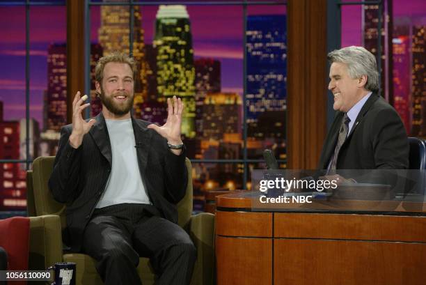 Episode 2496 -- Pictured: Professional hockey player Jean-Sebastien Giguere during an interview with host Jay Leno on May 23, 2003 --