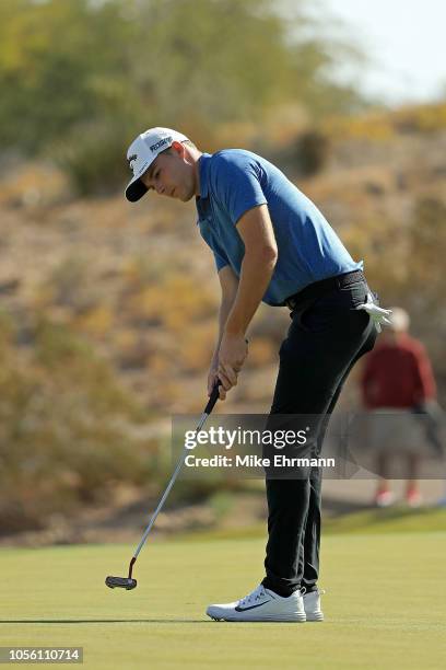 Aaron Wise putts on the 6th hole during the first round of the Shriners Hospitals for Children Open at TPC Summerlin on November 1, 2018 in Las...