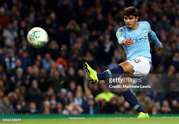 Brahim Diaz of Manchester City scores his team's second goal during the Carabao Cup Fourth Round match between Manchester City and Fulham at Etihad...