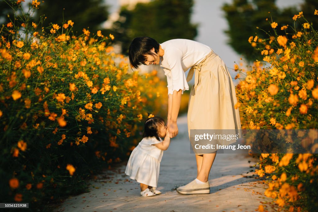 Happy mother with baby in yellow cosmos flower field