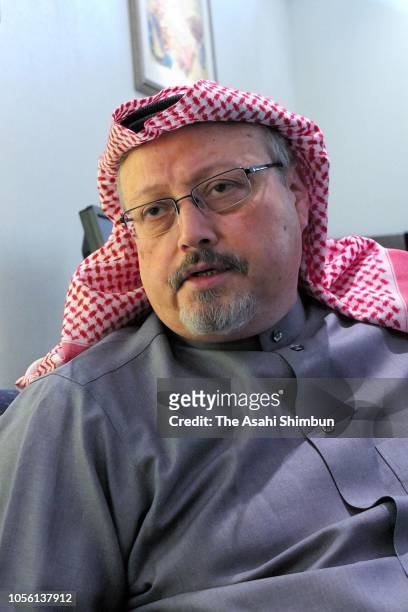 Saudi Journalist Jamal Khashoggi speaks during the Asahi Shimbun interview on January 23, 2016 in Riyadh, Saudi Arabia.