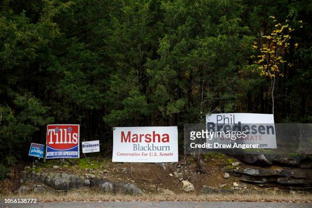 Campaign signs for U.S. Rep. Marsha Blackburn , Republican candidate for U.S. Senate, and Democratic candidate for U.S. Senate Phil Bredesen line the...