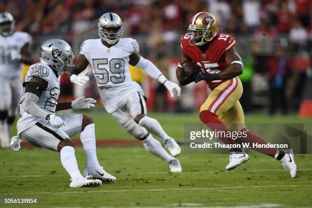 Pierre Garcon of the San Francisco 49ers runs after a catch against the Oakland Raiders during their NFL game at Levi's Stadium on November 1, 2018...