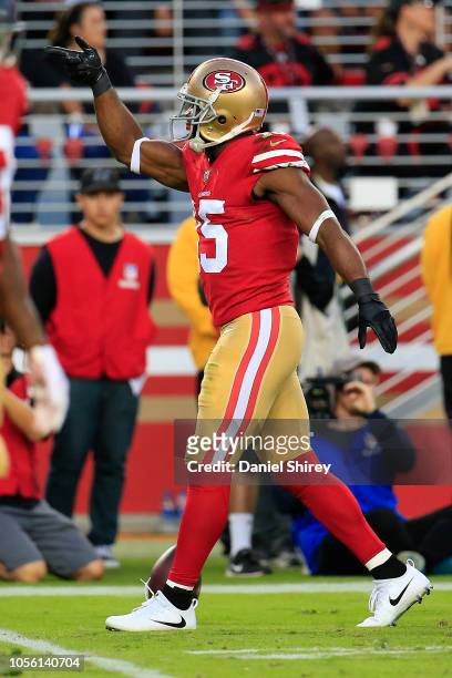 Pierre Garcon of the San Francisco 49ers reacts after a play against the Oakland Raiders during their NFL game at Levi's Stadium on November 1, 2018...