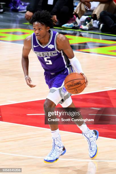 November 1: De'Aaron Fox of the Sacramento Kings handles the ball against the Atlanta Hawks on November 1, 2018 at State Farm Arena in Atlanta,...