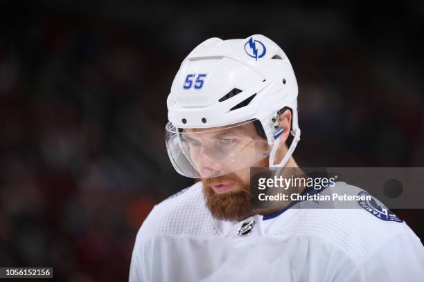 Braydon Coburn of the Tampa Bay Lightning during the NHL game against the Arizona Coyotes at Gila River Arena on October 27, 2018 in Glendale,...
