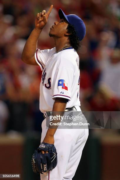 Neftali Feliz of the Texas Rangers celebrates after defeating the New York Yankees by a score of 7-2 to win Game Two of the ALCS during the 2010 MLB...