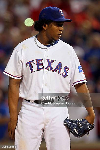 Neftali Feliz of the Texas Rangers pitches against the New York Yankees in Game Two of the ALCS during the 2010 MLB Playoffs at Rangers Ballpark in...