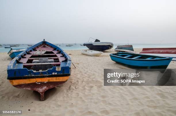 Fishing boats are seen at Santa Maria beach. Cape Verde, is a nation on a volcanic archipelago off the northwest coast of Africa.