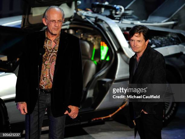 Actors Christopher Lloyd and Michael J. Fox accept the Discretionary award onstage during Spike TV's "Scream 2010" at The Greek Theatre on October...