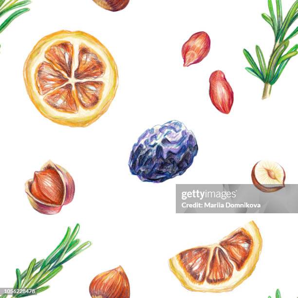 dry fruit pattern - hazelnuts stock illustrations