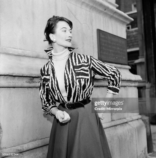 Striped shirt modelled by Pat Goldsworthy, 22nd July 1955.