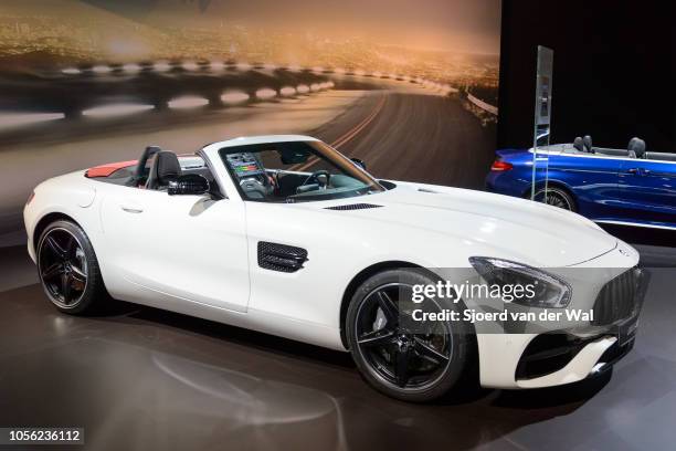 Mercedes-AMG GT Roadster open sports car on display at Brussels Expo on January 13, 2017 in Brussels, Belgium. The Mercedes-AMG GT is fitted with a...