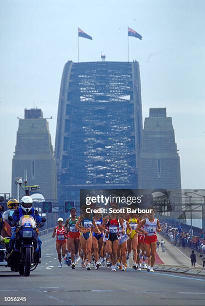 Competitors cross the Sydney Harbour Bridge during the Womens Marathon on Day Nine of the Sydney 2000 Olympic Games in Sydney, Australia. \ Mandatory...