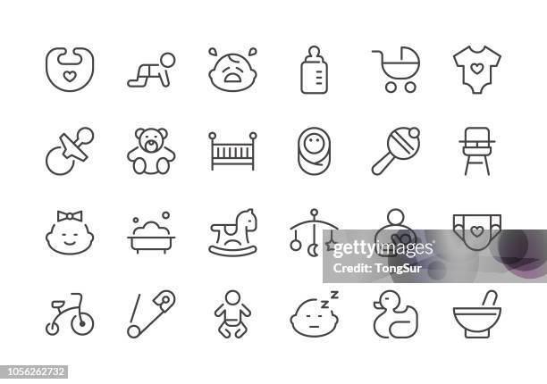 baby - regular line icons - toy rattle stock illustrations
