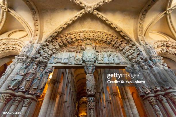 The cathedral is seen on July 7, 2018 in Santiago de Compostela, Spain. Santiago cathedral's La Gloria portico have been restored and visitors are...