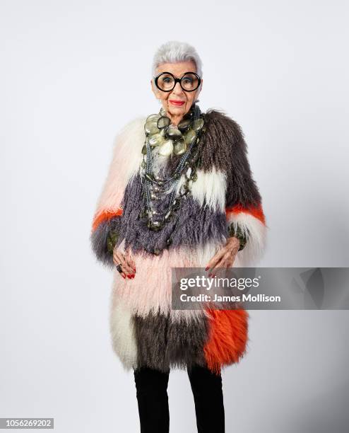 Businesswoman, interior designer, and fashion icon Iris Apfel is photographed for Christie's magazine on July 29, 2018 in New York City, United...