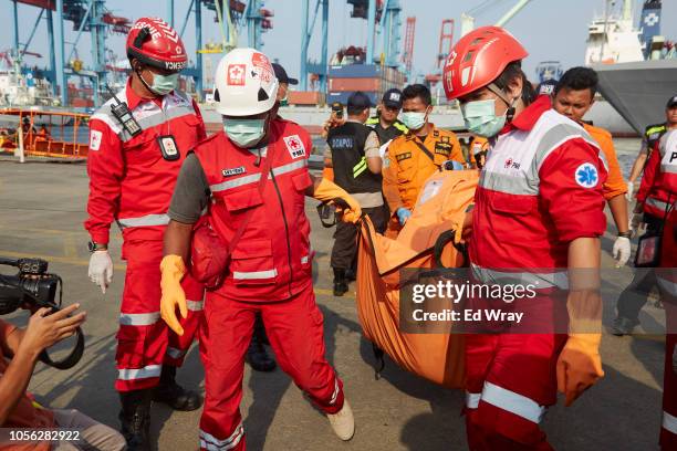 Search and rescue workers carry the remains of a victim of the Lion Air flight JT 610 crash at the Tanjung Priok port on November 2, 2018 in Jakarta,...