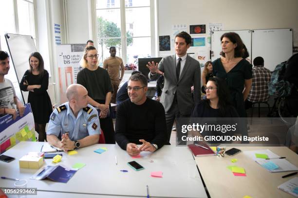 The youth State Secretary of the Minister of Education and Youth Gabriel Attal is photographed for Paris Match with the members of 110bis on October...
