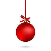 Red Christmas ball with ribbon and bow on white background. Vector illustration.