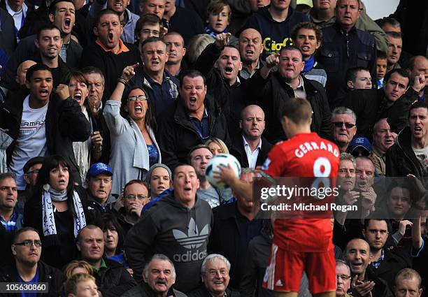 Everton fans shout at Liverpool player Steven Gerrard during the Barclays Premier League match between Everton and Liverpool at Goodison Park on...