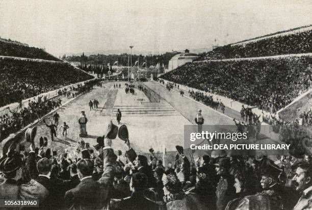 The winner of the marathon, Spiridon Louis, on arrival at the stadium, Athens Olympics Greece, 19th century.