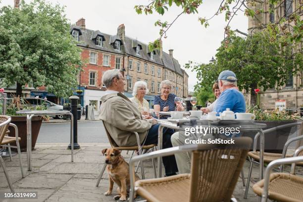 seniors at a cafe with their dog - retirement community stock pictures, royalty-free photos & images