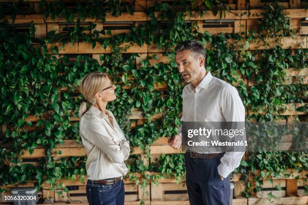 businessman and businesswoman in green office talking - kantoor milieus stockfoto's en -beelden