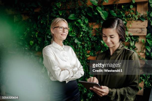 two businesswomen with tablet in green office - sustainability business stock-fotos und bilder