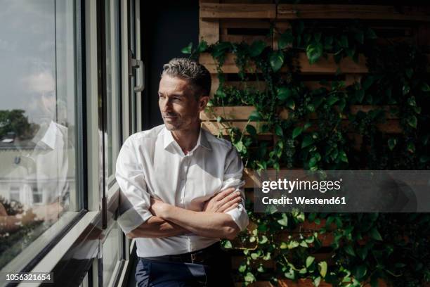 businessman in green office looking out of window - mann busines fenster stock-fotos und bilder