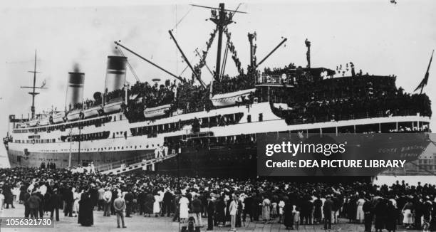 Italian troops departing for Ethiopia on board the ship Conte Biancamano Genoa, Italy, Second Italo-Ethiopian War, 20th century.