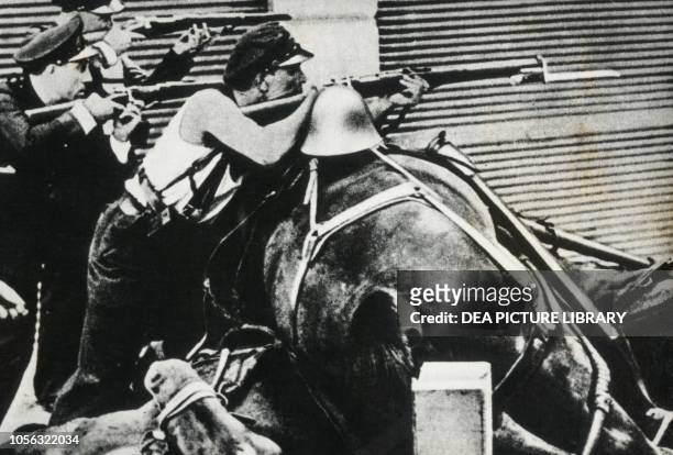 Battle in the streets of Barcelona Spain, Spanish Civil War, 20th century.