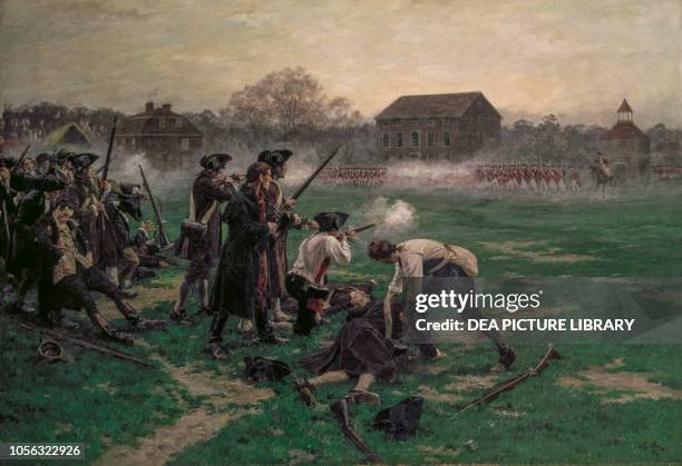 Battle of Lexington on April 19 American Revolutionary War, United States of America, 1910 painting by William Barnes Wollen.