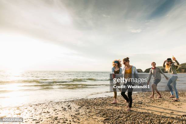 happy friends walking on the beach at sunset - day 4 stock-fotos und bilder