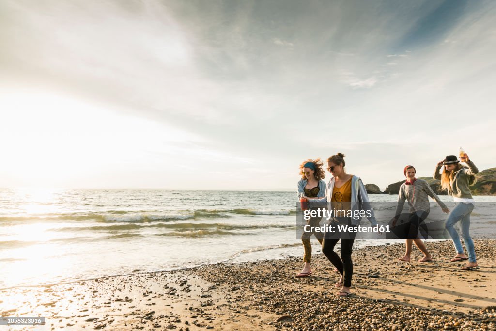 Happy friends walking on the beach at sunset