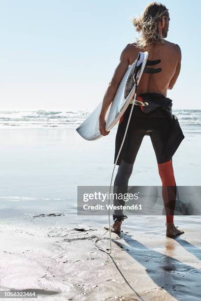 portugal, algarve, man on the beach with surfboard - neoprenanzug stock-fotos und bilder