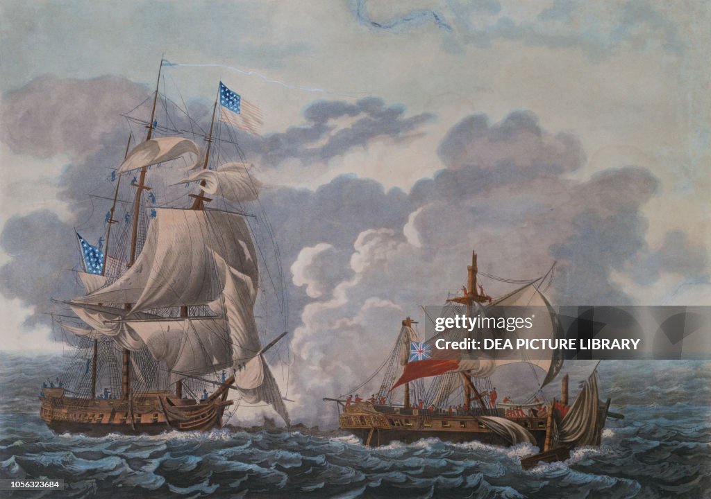 Naval battle between the HMS Java and the USS Constitution, December ...