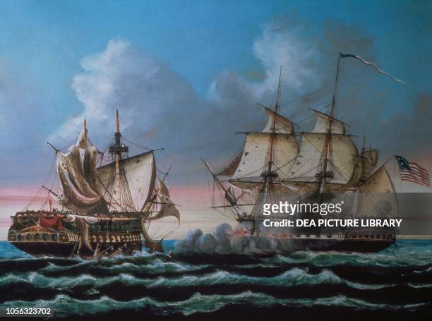 Naval battle between the USS Constitution and the HMS Guerriere, August 19 off the coast of Nova Scotia, Anglo-American War, painting, 19th century.