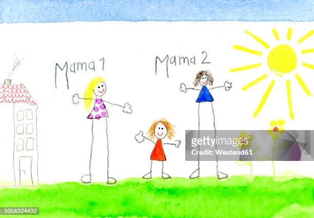 children's drawing of lesbian couple and little girl - lesbian stock illustrations