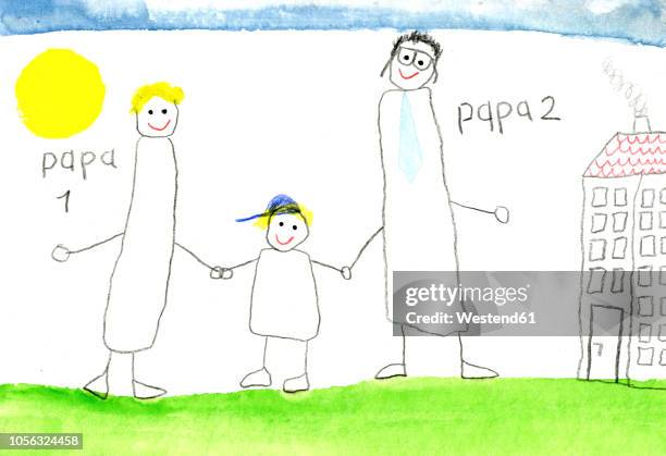 stockillustraties, clipart, cartoons en iconen met children's drawing of gay couple with son - gay