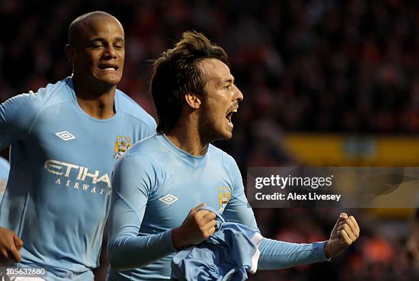 David Silva of Manchester City celebrates scoring his team's third goal during the Barclays Premiership match between Blackpool and Manchester City...