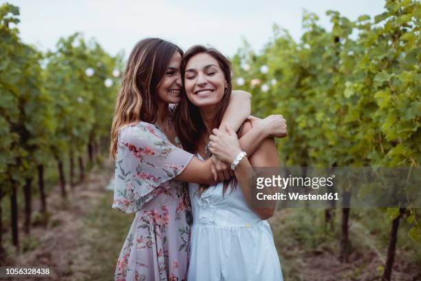 twin sisters embracing at summer picnic in a vineyard - sister photos et images de collection