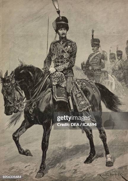 Prince Albert Victor, Duke of Clarence and Avondale , as an officer or the 10th Hussars, engraving from a drawing by Richard Caton Woodville, The...